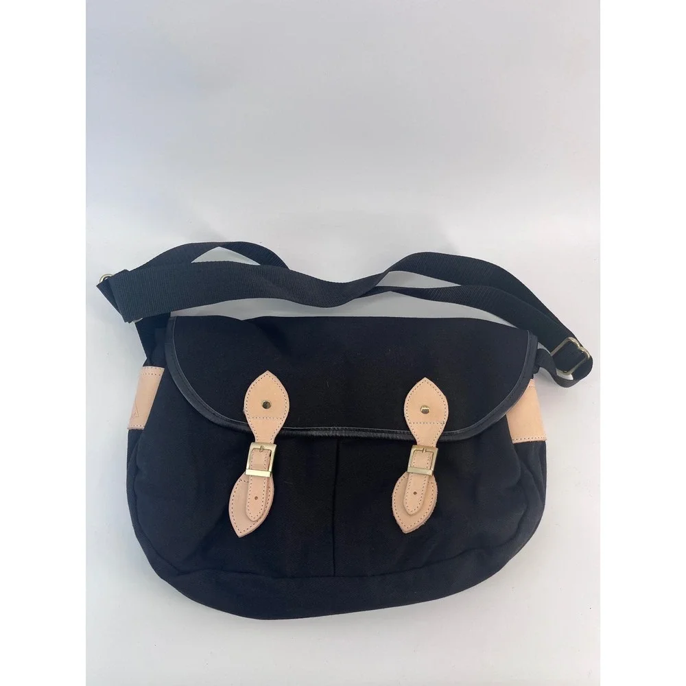 Black Canvas Messenger Bag with Leather Trim and Pink Wave Lining Satchel
